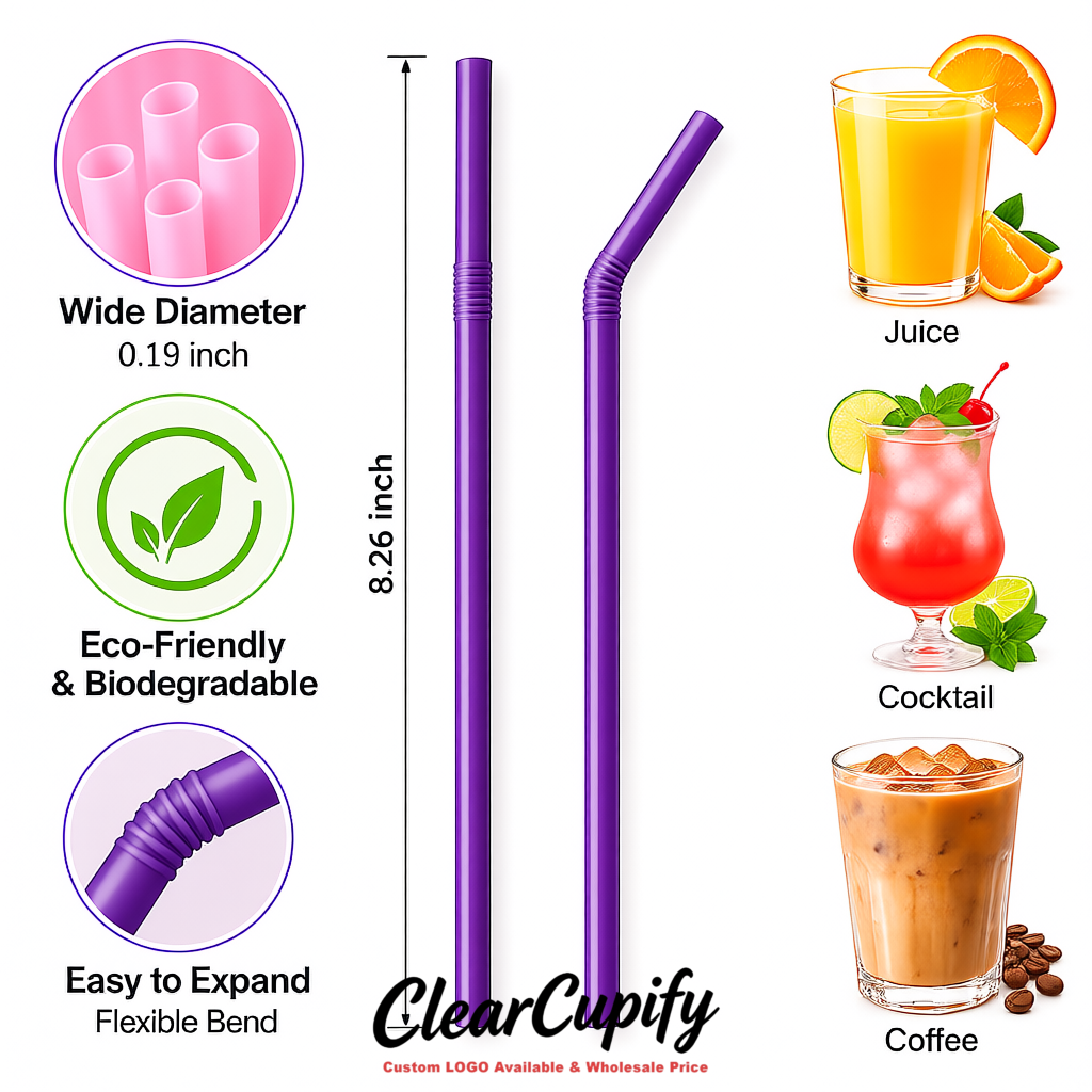 Violet Plastic Straws 8.26 x 0.2 inch Flexible Bendy Disposable Drinking Straws Supplier