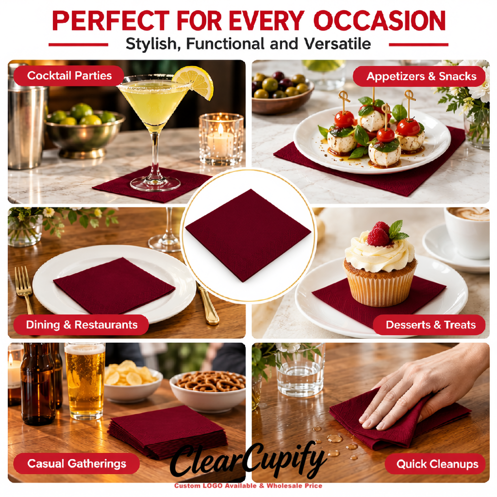 Wine Red Napkins Paper 4.5x4.5 Inch Disposable 2-Ply Cocktail Napkins Factory