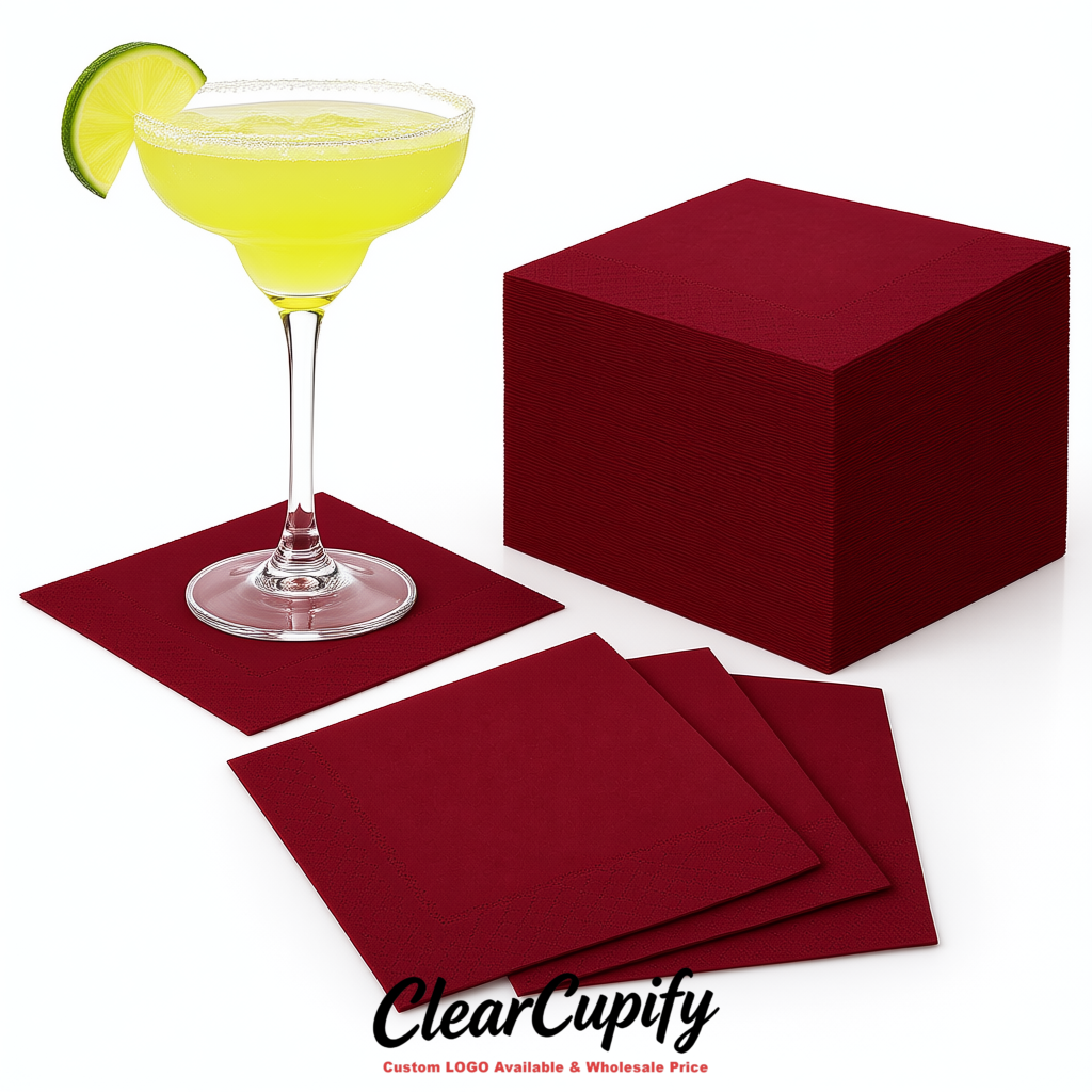 Wine Red Napkins Paper 4.5x4.5 Inch Disposable 2-Ply Cocktail Napkins Factory