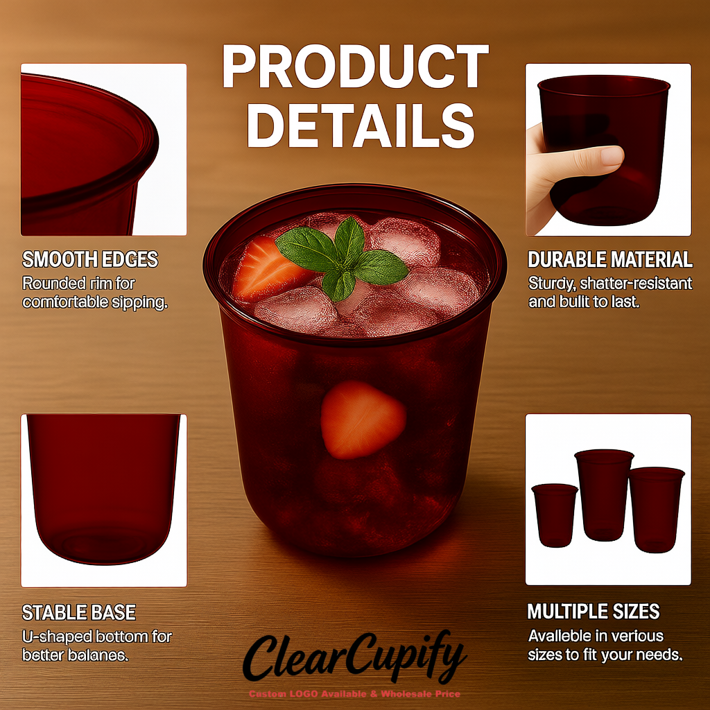Wine Red U-shaped Cup with Round Bottom: Stackable & Disposable Plastic Cup