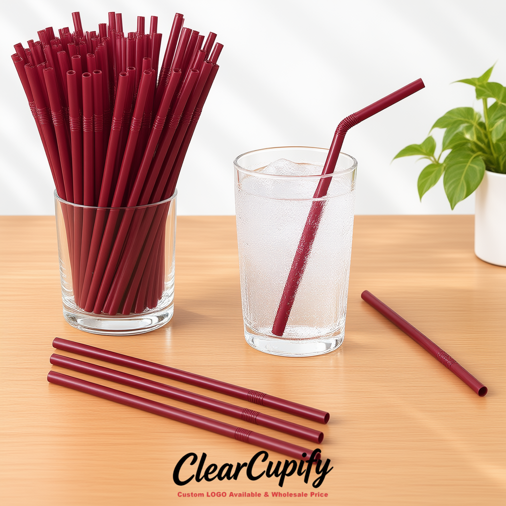 Wine Red Plastic Straws 8.26 x 0.2 inch Flexible Bendy Disposable Drinking Straws Supplier