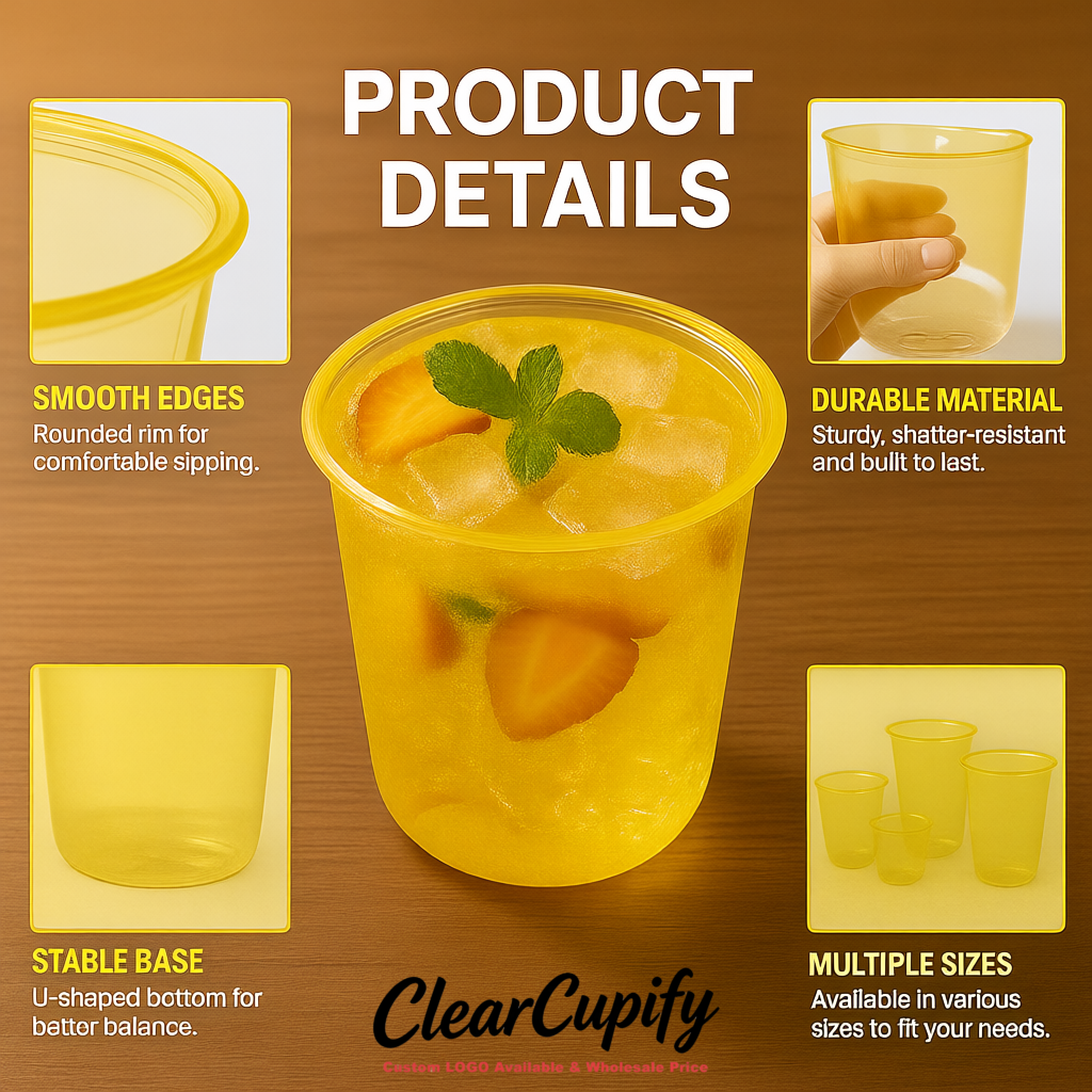 Yellow U-shaped Cup with Round Bottom: Stackable & Disposable Plastic Cup