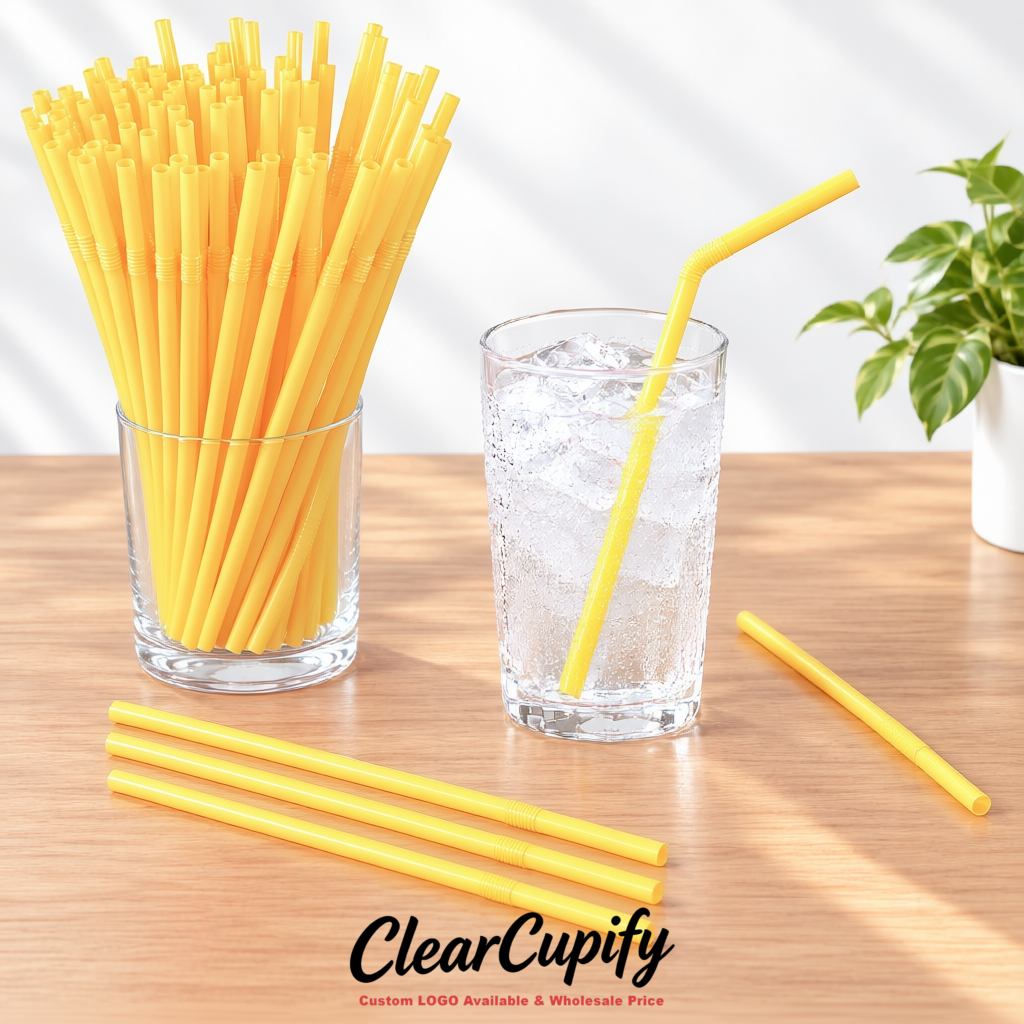 Yellow Plastic Straws 8.26 x 0.2 inch Flexible Bendy Disposable Drinking Straws Supplier